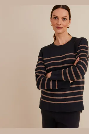 ANNE WEYBURN Striped Crew Neck Jumper in Fine Knit