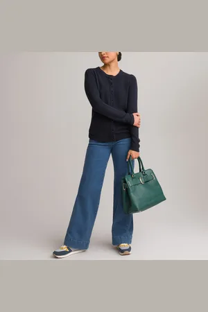 ANNE WEYBURN Buttoned Crew Neck Cardigan in Fine Knit