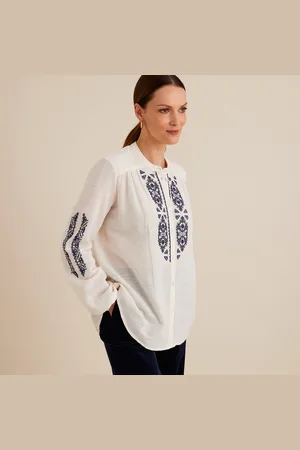 ANNE WEYBURN Cotton Embroidered Blouse with Crew Neck and Long Sleeves