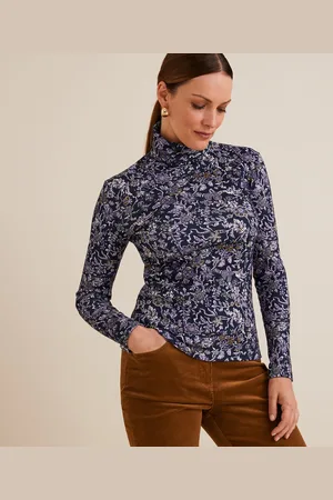 ANNE WEYBURN Printed Cotton Turtleneck T-Shirt with Long Sleeves