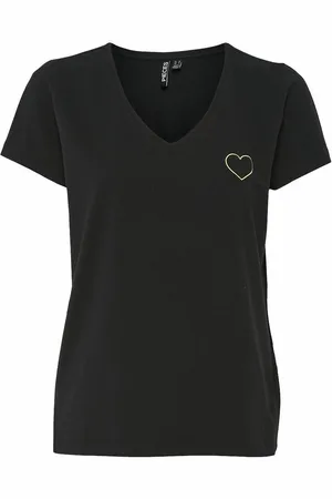 Pieces® Cotton Embroidered Heart T-Shirt with V-Neck