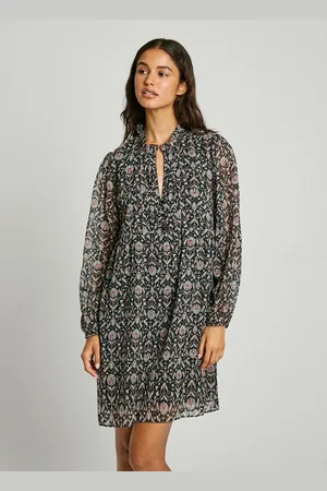 Pepe Jeans Printed Grandad Collar Dress with Long Voile Sleeves