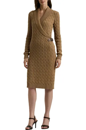Ralph Lauren Madaska Bodycon Jumper Dress in Cotton with Shawl Collar