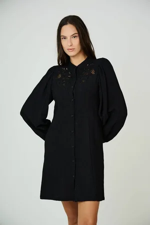 See u soon Cotton Openwork Mini Dress with High Neck and Long Sleeves