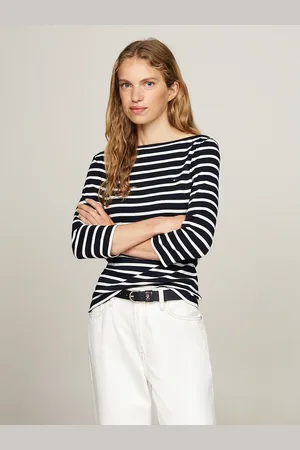 Tommy Hilfiger Breton Striped Cotton T-Shirt with Boat Neck and 3/4 Length Sleeves