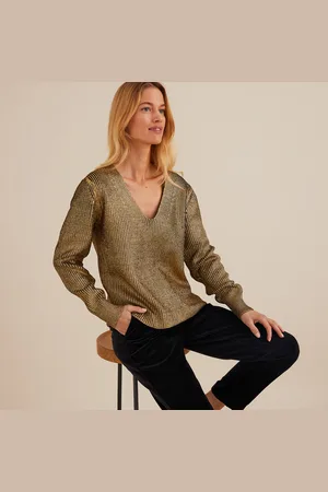 ANNE WEYBURN Sparkly Chunky Knit Jumper in Cotton Mix with V-Neck