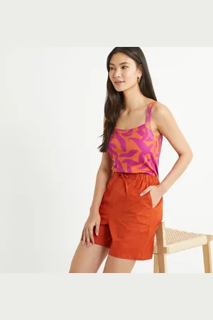 ANNE WEYBURN Printed Cotton Vest Top with Square Neck and Shoestring Straps