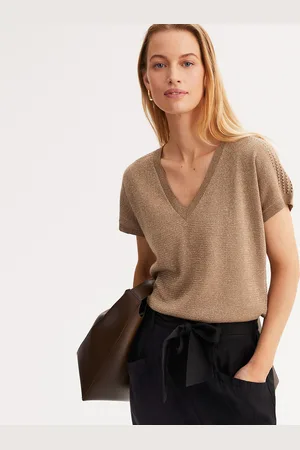 ANNE WEYBURN V-Neck Jumper in Fine Iridescent Knitwear