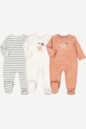 La Redoute Pack of 3 Towelling Sleepsuits with Camel/Striped Print