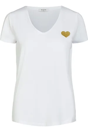 Pieces® Cotton Embroidered Heart T-Shirt with V-Neck