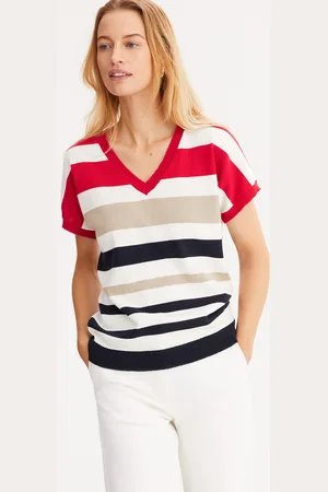 ANNE WEYBURN Striped Fine Knit Jumper with V-Neck