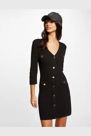 Morgan Fitted Jumper Dress with 3/4 Length Sleeves and Button Trim