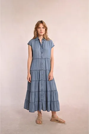 Molly Bracken Long Sleeves Mini Dress with Denim Ruffles