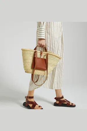 CRAIE STUDIO Panier Basket Bag with Tan Pouch in Doum Palm Tree Leaves/Leather