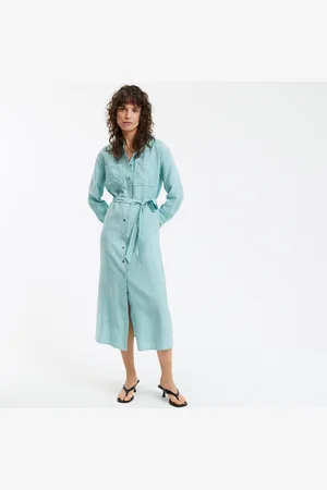 La Redoute Long Straight Dress with Belt and Mandarin Collar