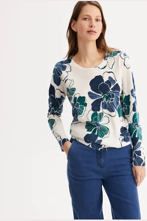 ANNE WEYBURN Crew Neck Jumper in Fine Knit, Floral Print