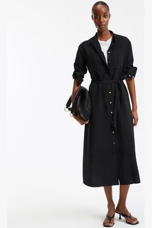 La Redoute Long Straight Dress with Belt and Mandarin Collar