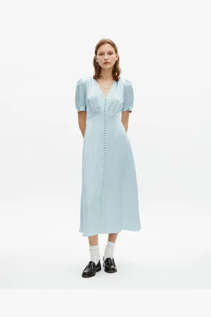 The Kooples V-Neck Midi Dress, Fluid and Flared with Short Sleeves