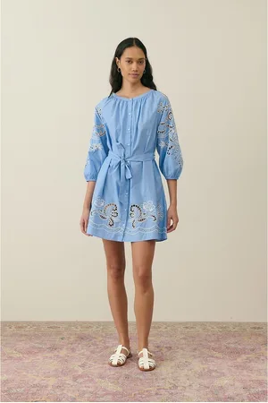 Louise Misha Rinala Embroidered Mini Dress with Crew Neck and 3/4 Length Sleeves