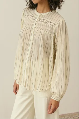 Louise Misha Jally Striped, Embroidered Blouse with Crew Neck and Long Sleeves