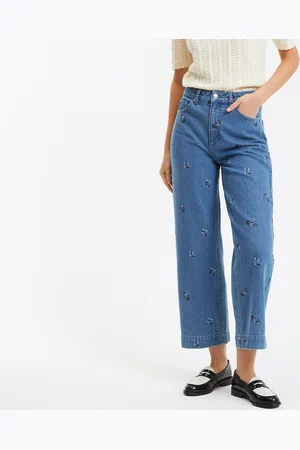 La Redoute Wide Leg Cropped Jeans with High Waist and Embroidery