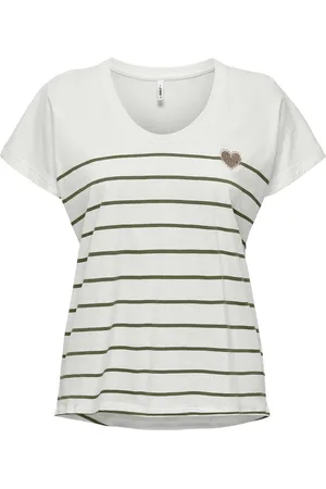 ONLY Striped Cotton T-Shirt with Heart Print on Front