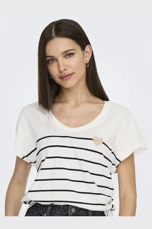 ONLY Striped Cotton T-Shirt with Heart Print on Front