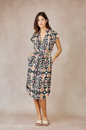 See u soon Printed Midi Dress, Short Sleeves, V-Neck, Ce