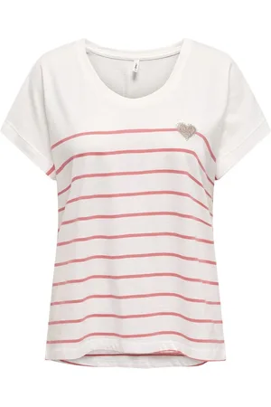 ONLY Striped Cotton T-Shirt with Heart Print on Front