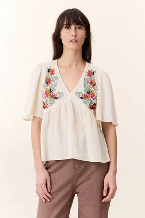 Leon & Harper Choly Oversize Embroidered Blouse with V-Neck and Butterfly Sleeves
