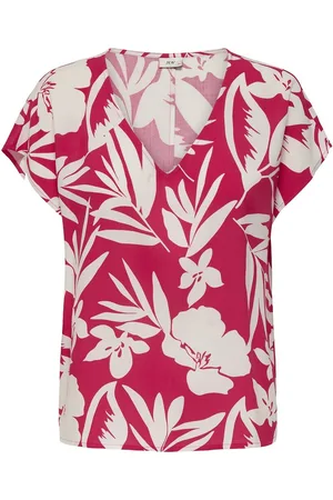 JDY Floral/Leaf Print Blouse with V-Neck and Short Sleeves