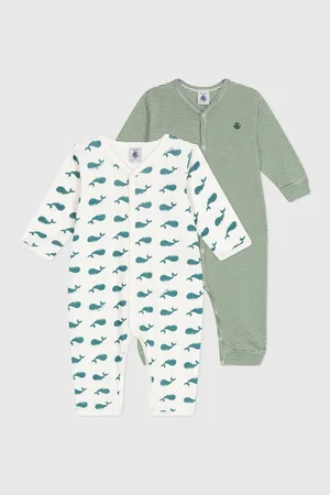 Petit Bateau Pack of 2 Sleepsuits Without Feet in Striped and Whale Print