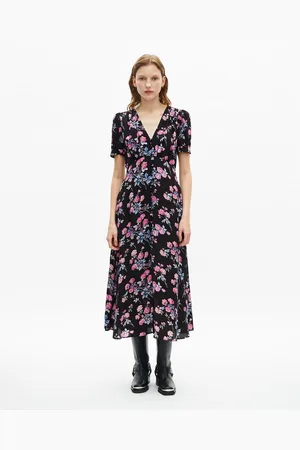 The Kooples Midi V-Neck Dress with Floral Print and Short Sleeves