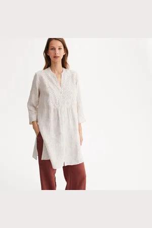 ANNE WEYBURN Linen Tunic with Tunisian Collar, 3/4 Length Sleeves