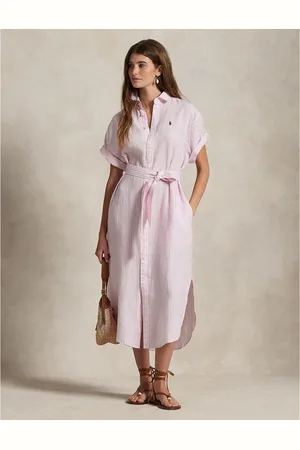 Ralph Lauren Striped Midi Shirt Dress in Linen with Short Sleeves