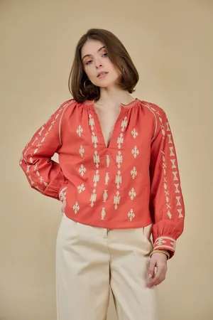 See u soon Tribal Embroidered Blouse, Long Sleeves, V-Neck