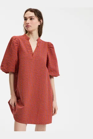 La Redoute Mini V-Neck Dress with Gingham Checks and Balloon Sleeves