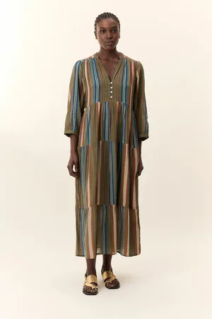 Leon & Harper Rozela Striped Midi Dress with 3/4 Length Sleeves
