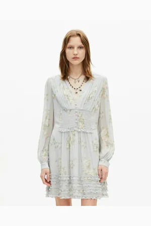 The Kooples Floral Printed Mini Dress with V-Neck and Long Sleeves