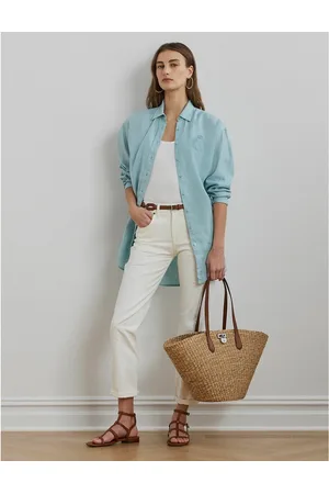 Ralph Lauren Tanner Large Tote Bag in Straw and Leather