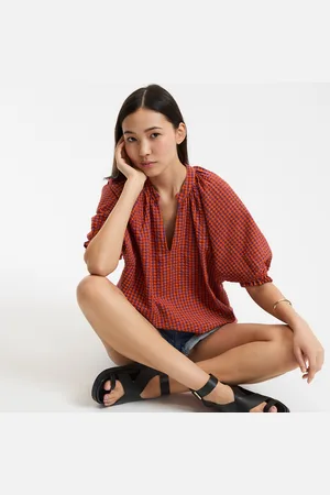 La Redoute Gingham Check Blouse with V-Neck, Puffed Sleeves