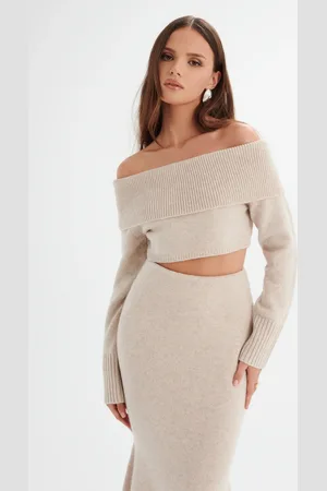 Lavish Alice AVANI Knitted Wool Bardot Cropped Top In Stone XS UK4 - UK6