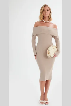 Lavish Alice SUNDAY Knitted Rib Bardot Midi Dress In XS UK4 - UK6