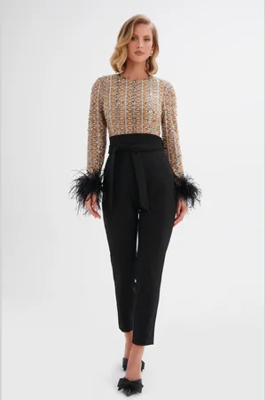 Lavish Alice DELIA Embellished Feather Cuff Jumpsuit In XS UK6
