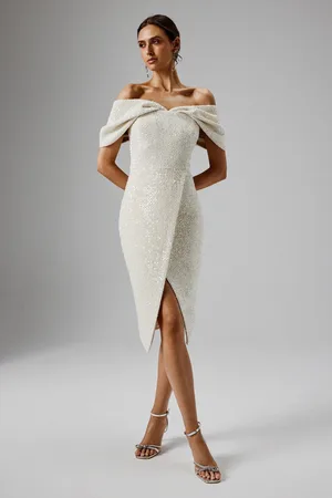 Lavish Alice HARLEEN Draped Bardot Sequin Boucle Midi Dress in XS UK6
