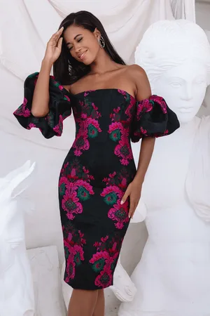 Lavish Alice CAPRI Jacquard Volume Sleeve Bardot Midi Dress in XS UK6