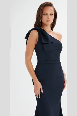 Lavish Alice ALESSANDRA Satin Bow Shoulder Maxi Dress in Midnight Blue L UK14