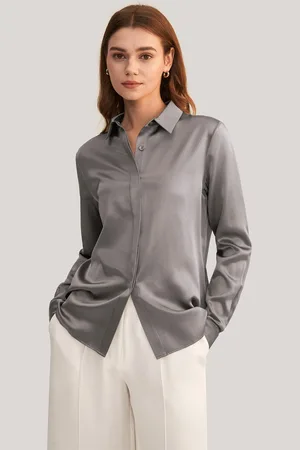 Lilysilk Womens Silk Blouse Dark Grey 22 Momme Silk Luxurious Mother-Of-Pearl Buttons L