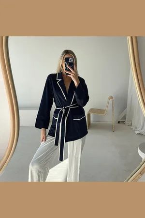 Lilysilk Silk Dressing Gowns Classic Lapel Collar Silk Robe Lightweight Dark Blue & Ivory Trim XL