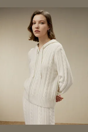 Lilysilk Wool Hoodie Wool Cashmere Luxurious Cable-Knit Wool Sweater M